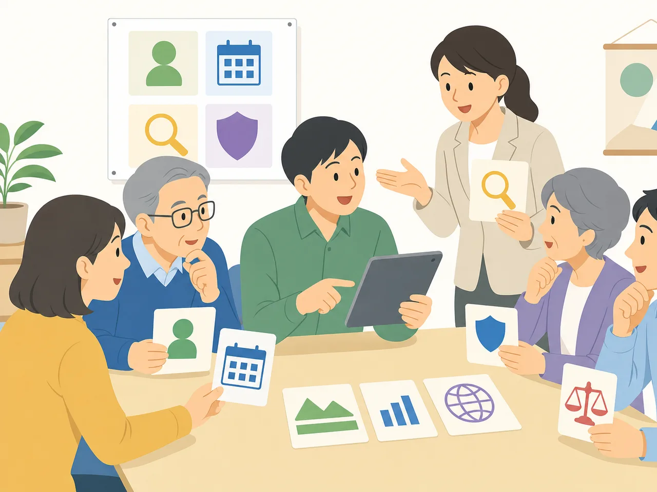 情報リテラシーを学ぶ日本人（フラットイラスト）。情報リテラシー、メディア教育、情報確認、学習向け素材です。