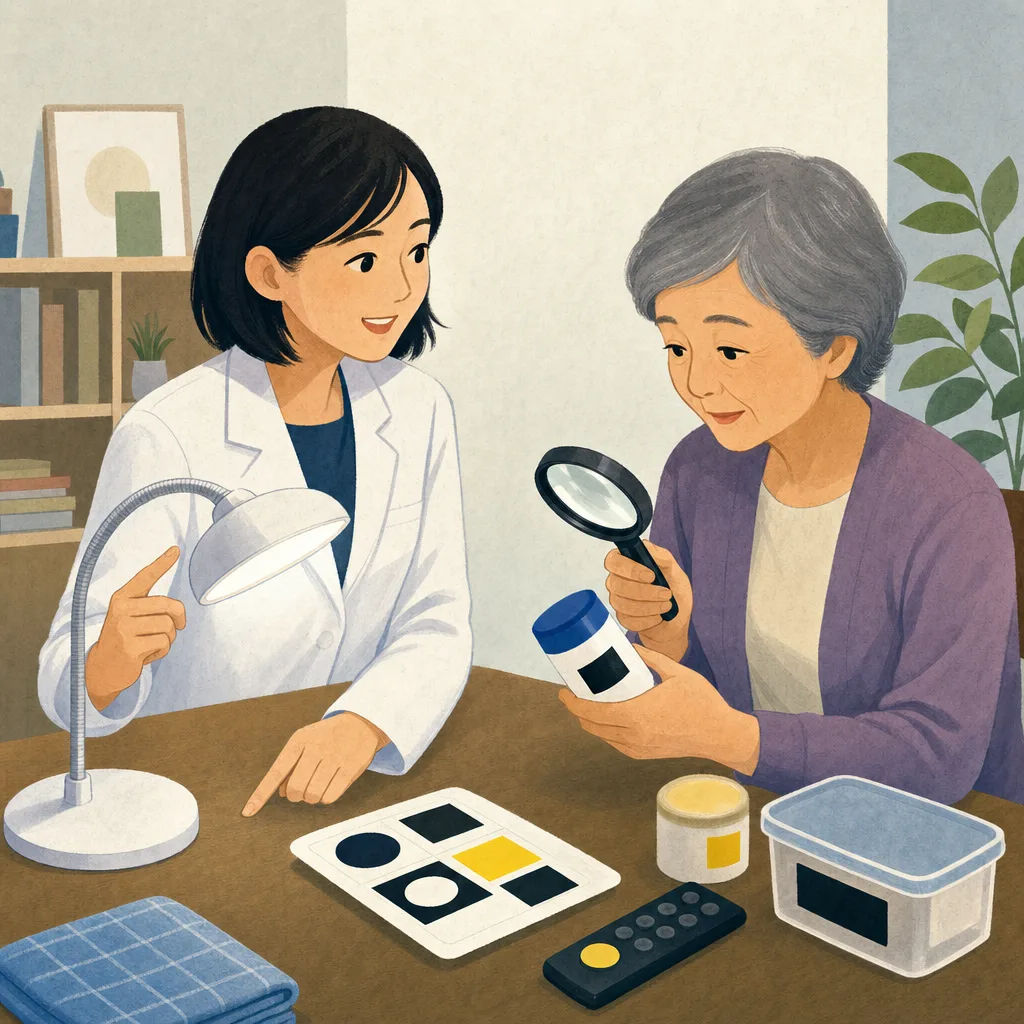 見えにくさへの工夫を相談する日本人（編集記事向け）。ロービジョン相談、見えにくさ、視覚支援、拡大鏡の記事や案内に使える商用素材です。