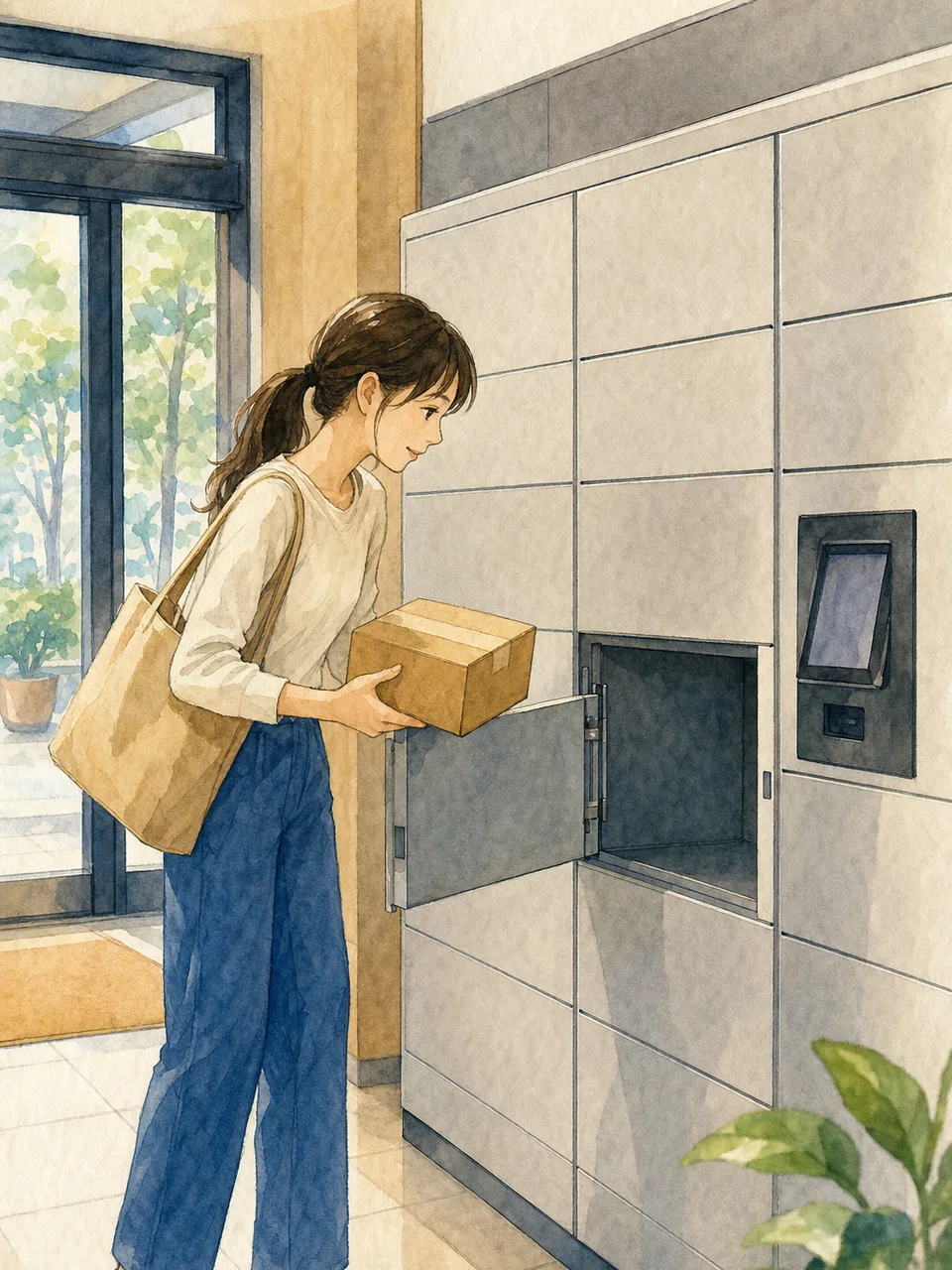 宅配ボックスを利用する日本人（手描き水彩）。宅配ボックス、荷物受取、マンション、暮らしの記事向け素材です。