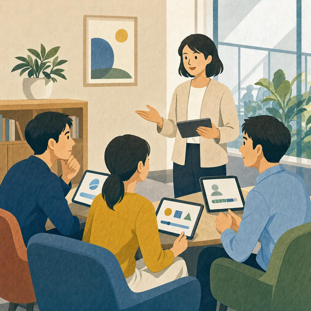 eラーニングを受講する日本人会社員（編集記事向け）。eラーニング、オンライン研修、社員教育、学習管理の記事向け素材です。
