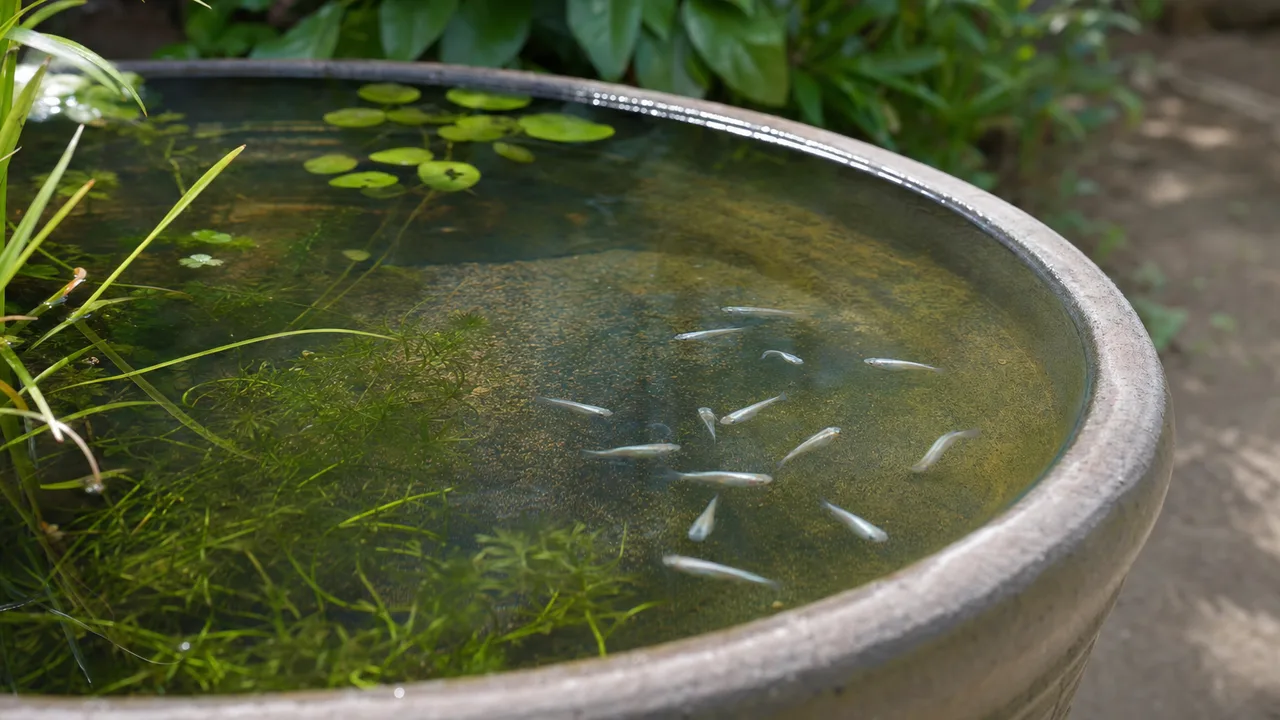 屋外の水辺で泳ぐメダカ（横長・コピースペース）。メダカ、ビオトープ、観賞魚、水辺の記事向け素材です。