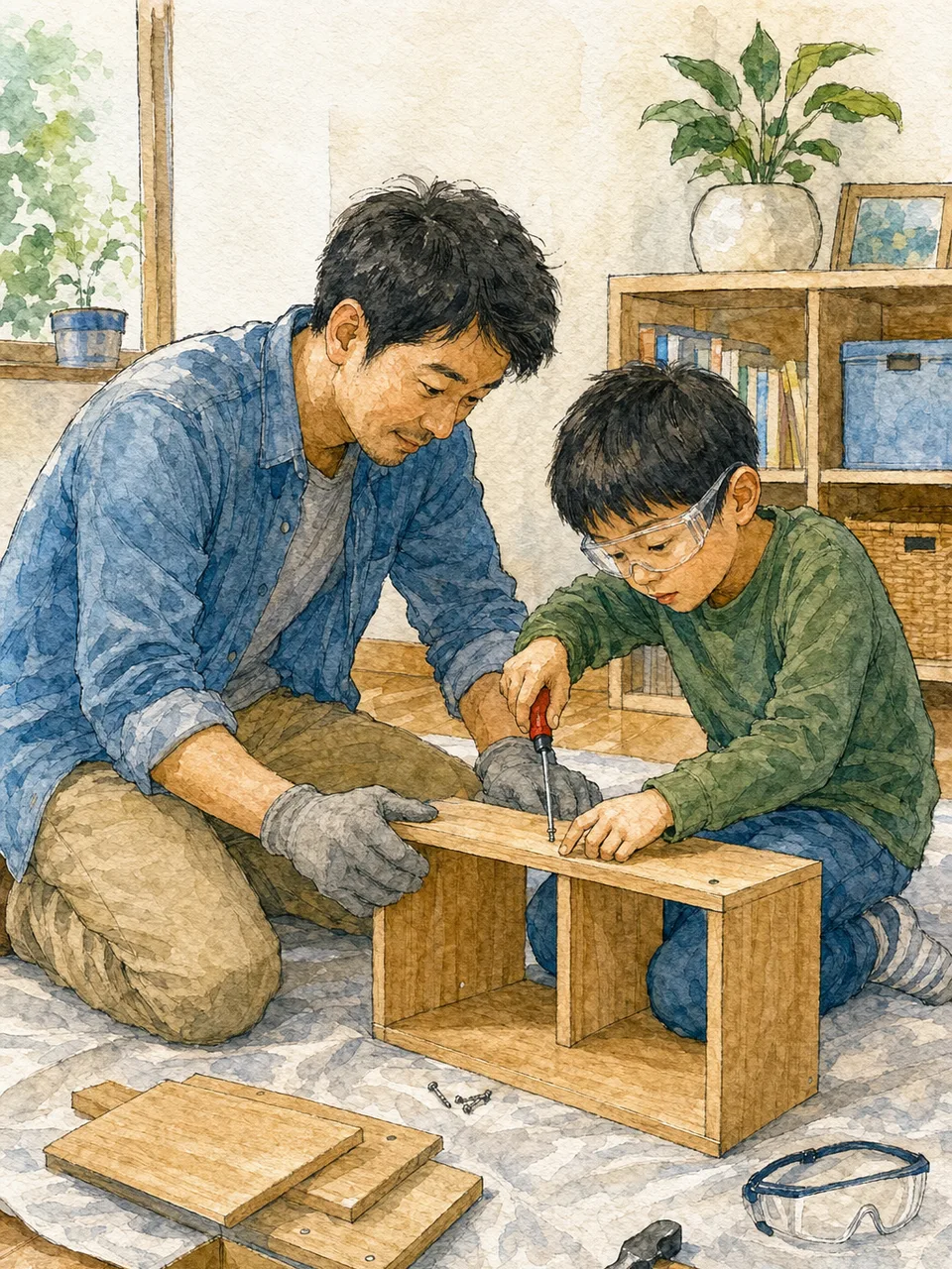 DIYに取り組む日本人の父と息子（手描き水彩）。父と息子、DIY、親子、ものづくりの記事向け素材です。