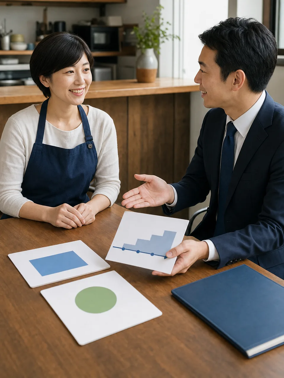 事業融資を相談する日本人経営者（自然な縦位置写真）。事業融資、中小企業、銀行相談、資金調達の記事や案内に使える商用素材です。
