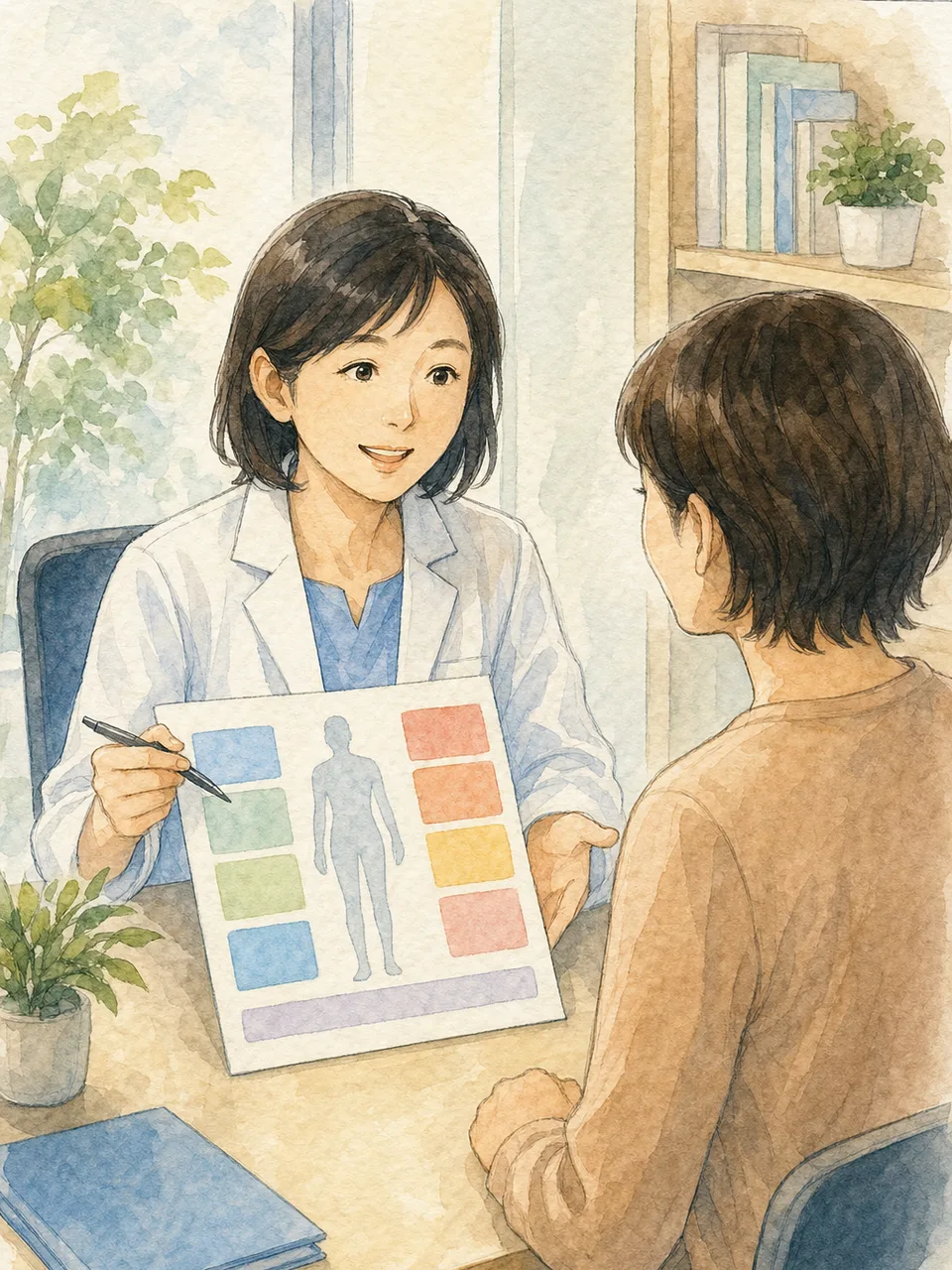 健康診断結果を説明する日本人医療者（手描き水彩）。健診結果説明、健康診断の結果、健康診断、予防医療の記事や案内に使える商用素材です。