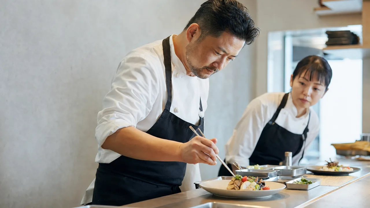 料理を仕上げる日本人調理師（横長・コピースペース）。調理師、飲食店、厨房、料理人の記事向け素材です。