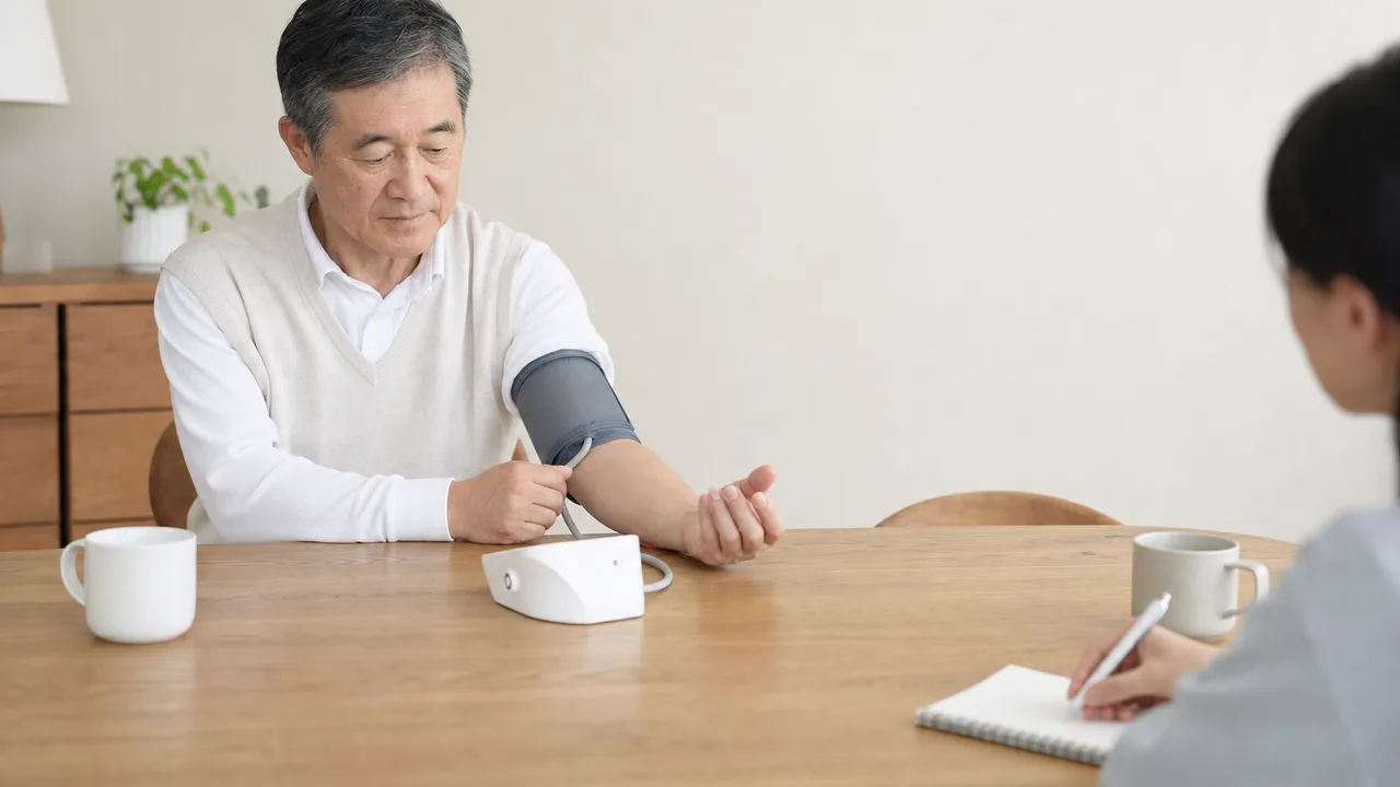 家庭で血圧を測る日本人（横長・コピースペース）。高血圧、血圧測定、健康管理、家庭医療の記事向け素材です。