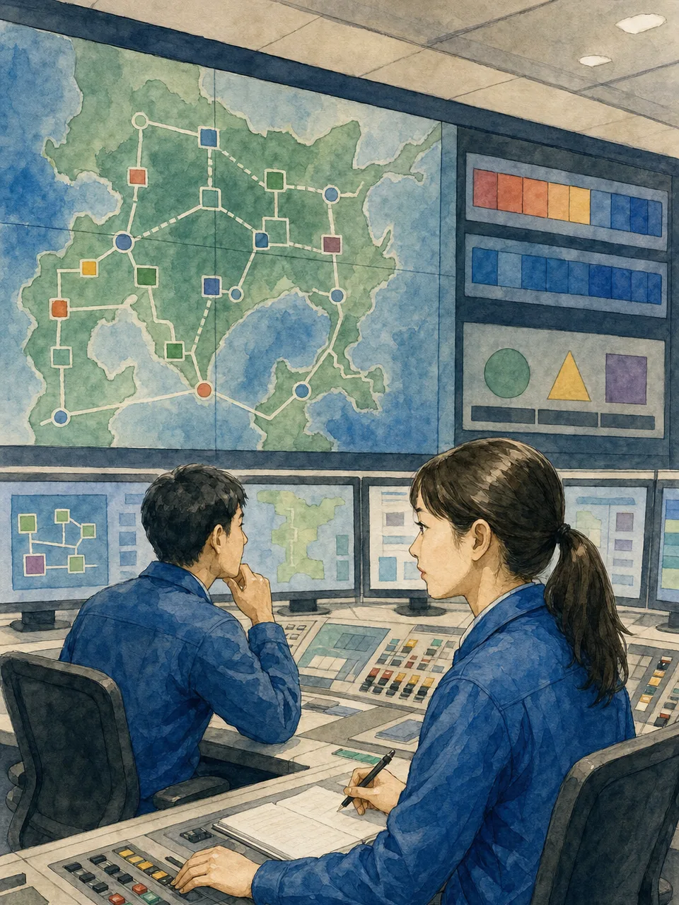 電力系統を運用する日本人チーム（手描き水彩）。電力系統、系統運用、電力供給、監視制御の記事や案内に使える商用素材です。