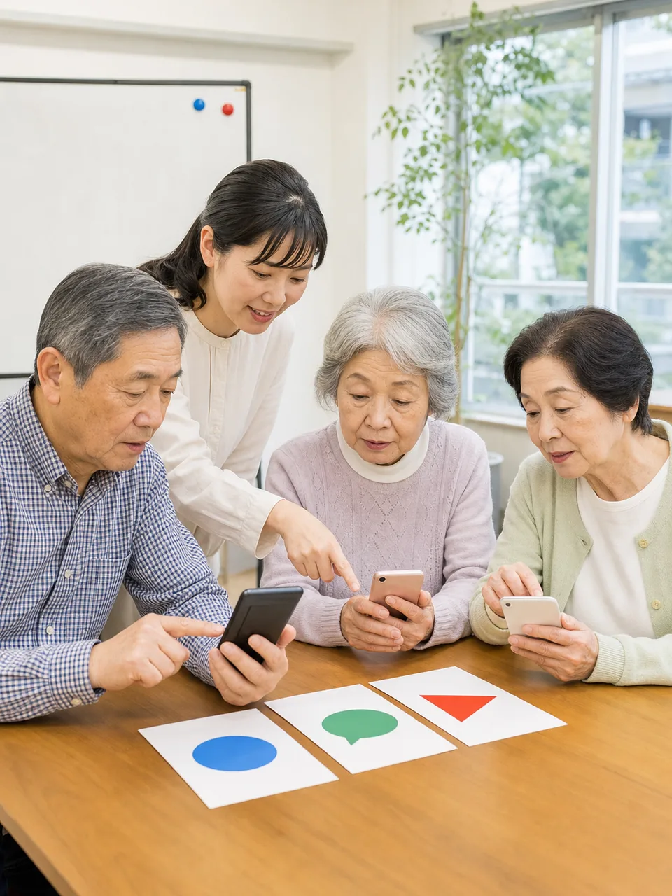 スマートフォンを学ぶ日本人シニア（自然な縦位置写真）。スマホ教室、シニア、デジタル活用、スマートフォンの記事や案内に使える商用素材です。