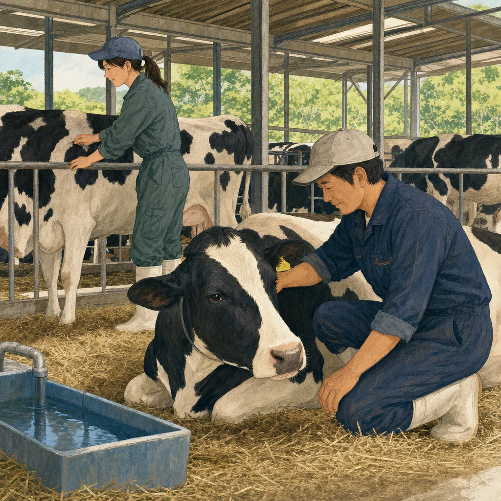 乳牛を世話する日本人酪農家（編集記事向け）。酪農家、乳牛、畜産、地域産業の記事に使える農業素材です。