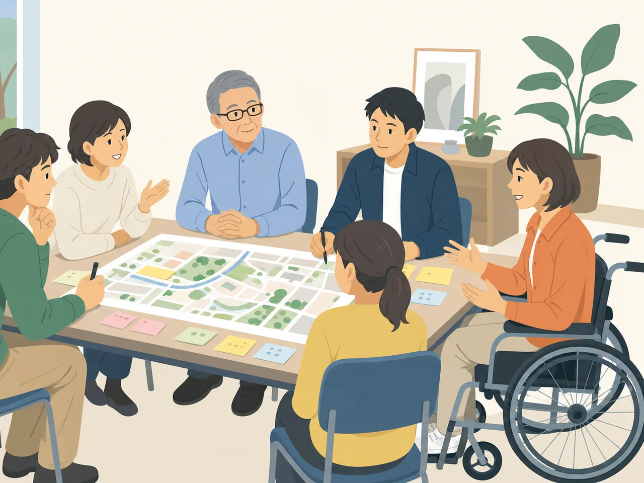 地域活動に参加する車椅子ユーザー（フラットイラスト）。車椅子ユーザー、地域参加、アクセシビリティ、共生の記事向け素材です。