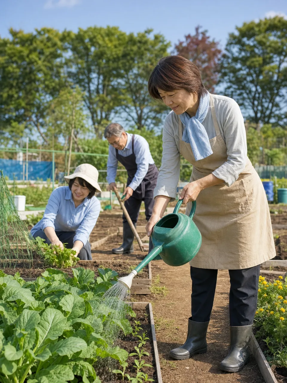 市民農園を楽しむ日本人（自然な縦位置写真）。市民農園、家庭菜園、地域交流、野菜作りの記事や案内に使える商用素材です。