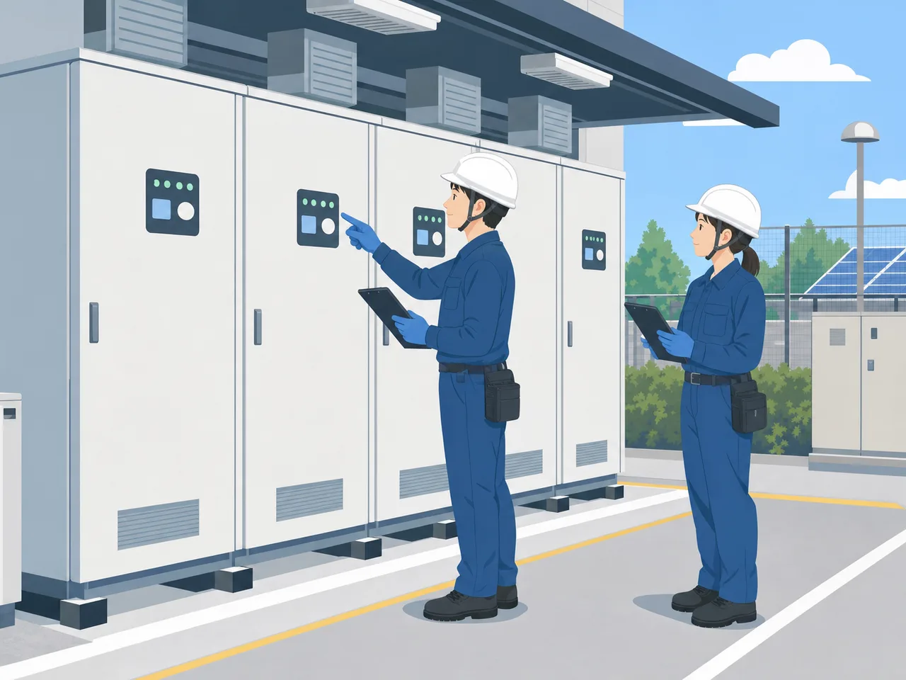 蓄電池設備を管理する日本人技術者（フラットイラスト）。蓄電池、エネルギー貯蔵、設備管理、電力の記事向け素材です。