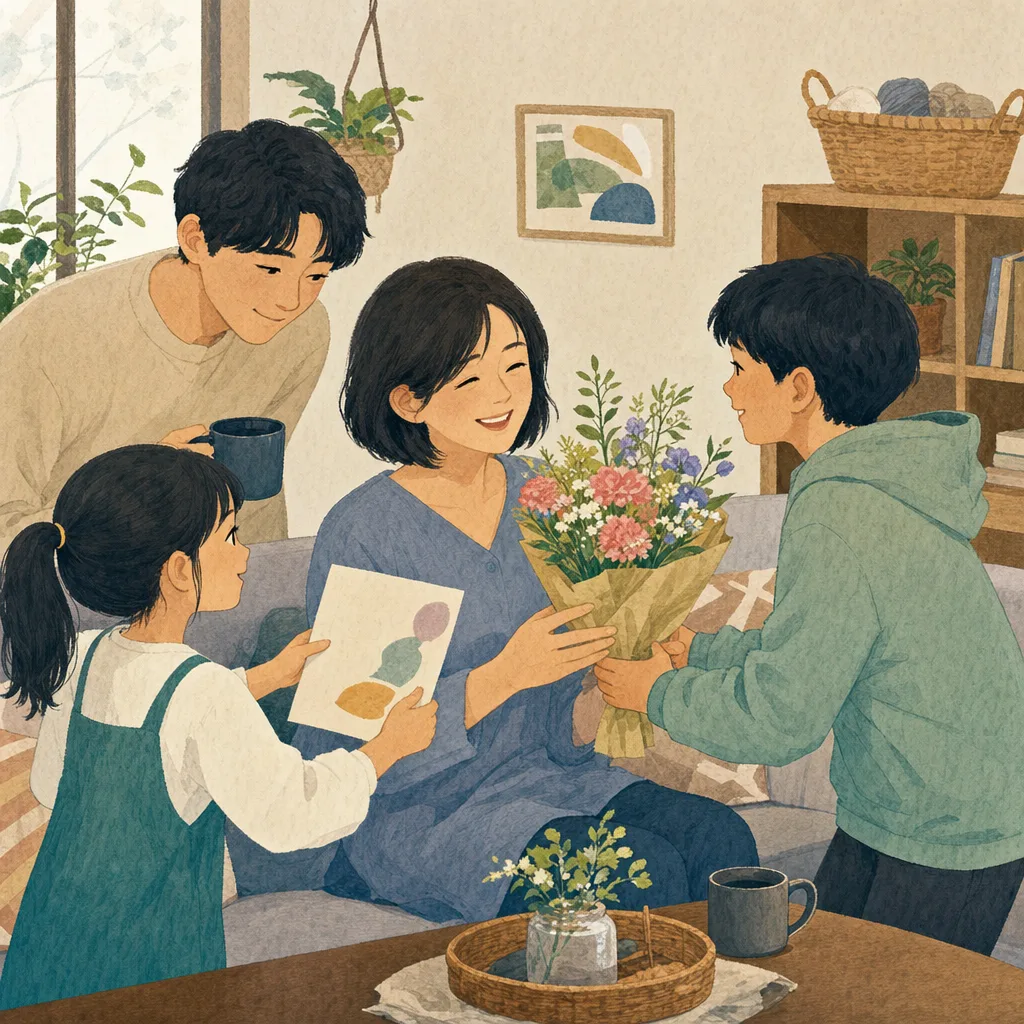 母の日に感謝を伝える日本人家族（編集記事向け）。母の日、家族、感謝、春の行事の記事向け素材です。