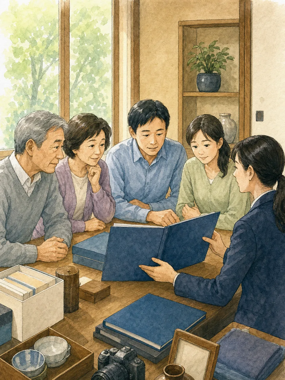 相続財産を整理する日本人家族（手描き水彩）。相続財産、遺産整理、相続相談、家族会議の記事や案内に使える商用素材です。