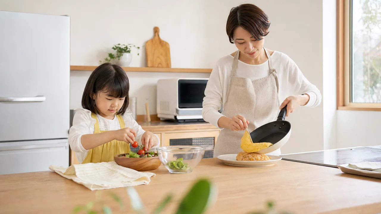 オムライスを作る日本人家族（横長・コピースペース）。オムライス、家庭料理、親子、昼食の記事向け素材です。