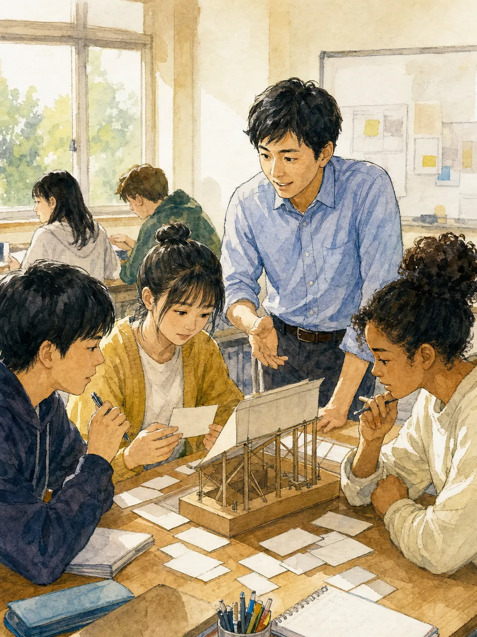 探究授業を支える日本人高校教師（手描き水彩）。高校教師、探究学習、高校生、進路教育の記事向け素材です。