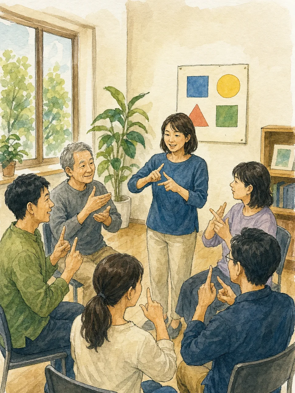 手話を学ぶ日本人グループ（手描き水彩）。手話教室、日本手話、聴覚障害、コミュニケーションの記事や案内に使える商用素材です。