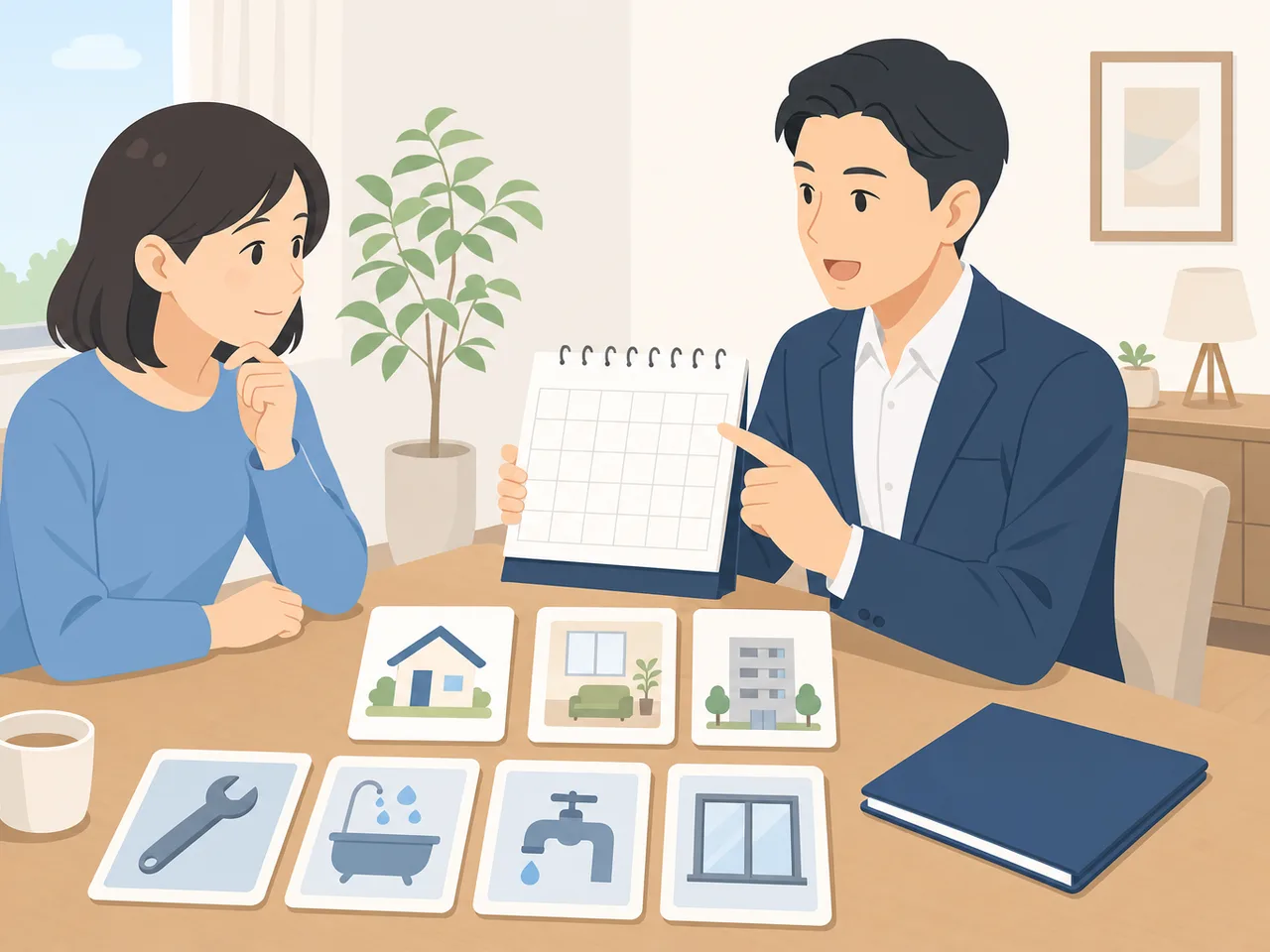 賃貸契約の更新を相談する日本人（フラットイラスト）。賃貸契約更新、更新手続き、賃貸住宅、不動産管理の記事や案内に使える商用素材です。