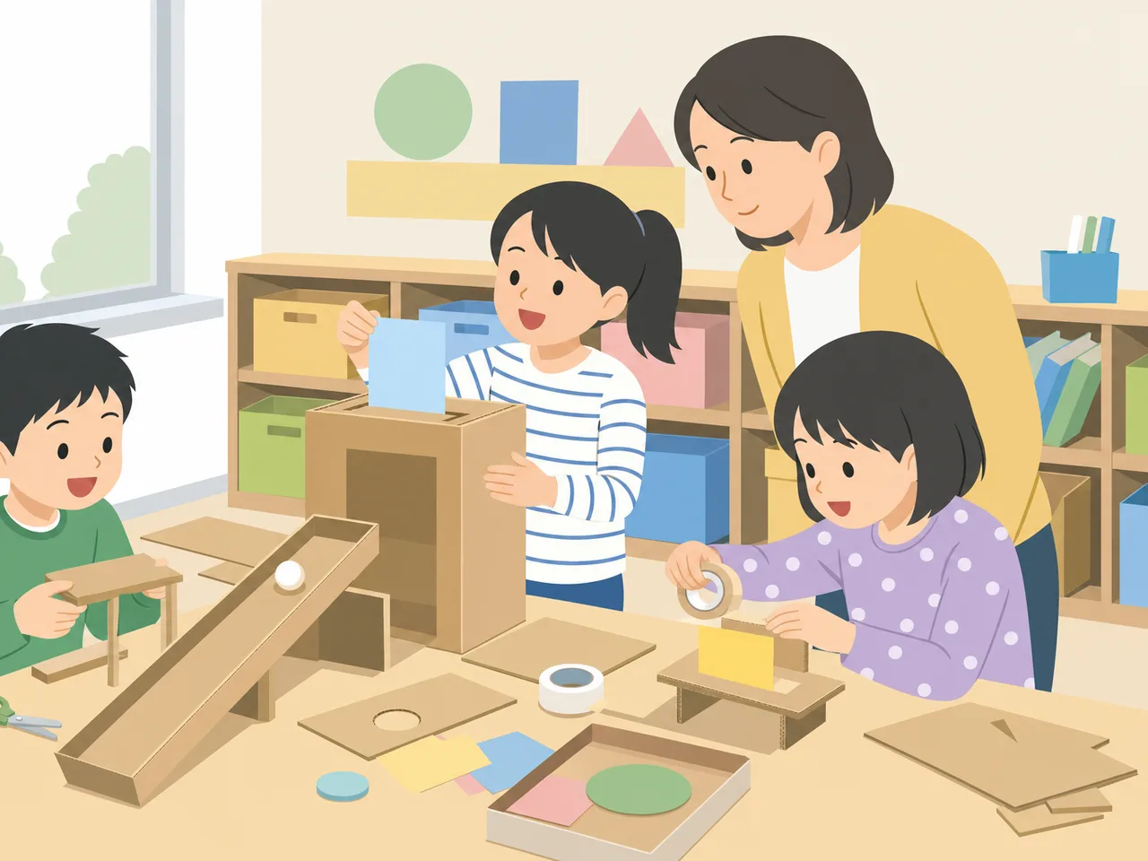 試作品を作る日本人小学生（フラットイラスト）。試作品づくり、デザイン思考、小学生、工作授業の記事や案内に使える商用素材です。