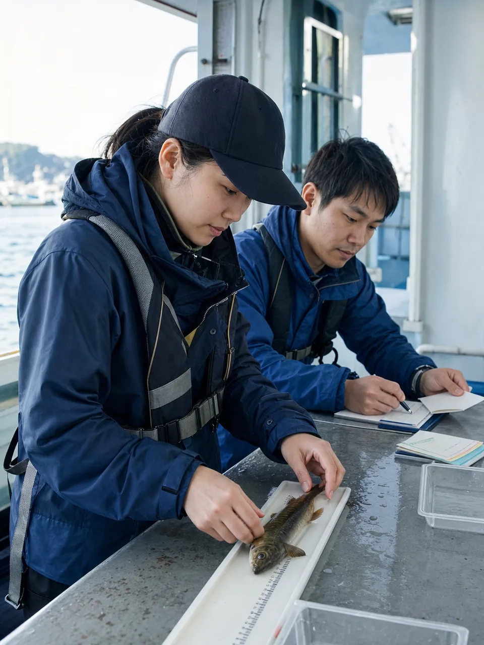 水産資源を調査する日本人（自然な縦位置写真）。水産資源調査、漁業、魚類調査、海洋研究の記事や案内に使える商用素材です。