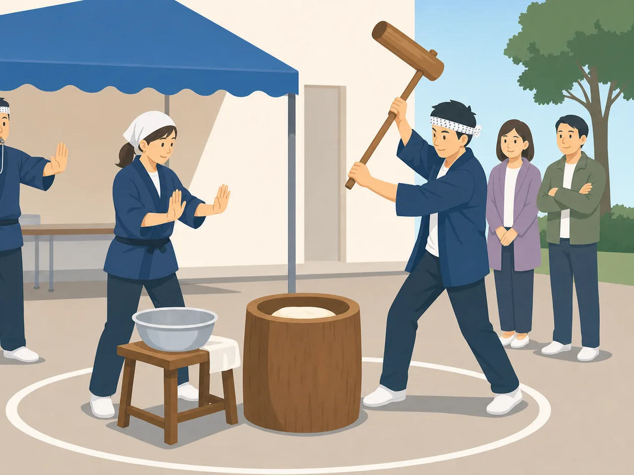 餅つきをする日本人地域住民（フラットイラスト）。餅つき、正月準備、地域行事、伝統文化の記事や案内に使える商用素材です。