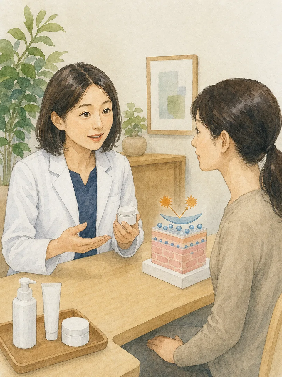 皮膚の健康を相談する日本人（手描き水彩）。皮膚科相談、スキンケア、皮膚の健康、乾燥肌の記事や案内に使える商用素材です。