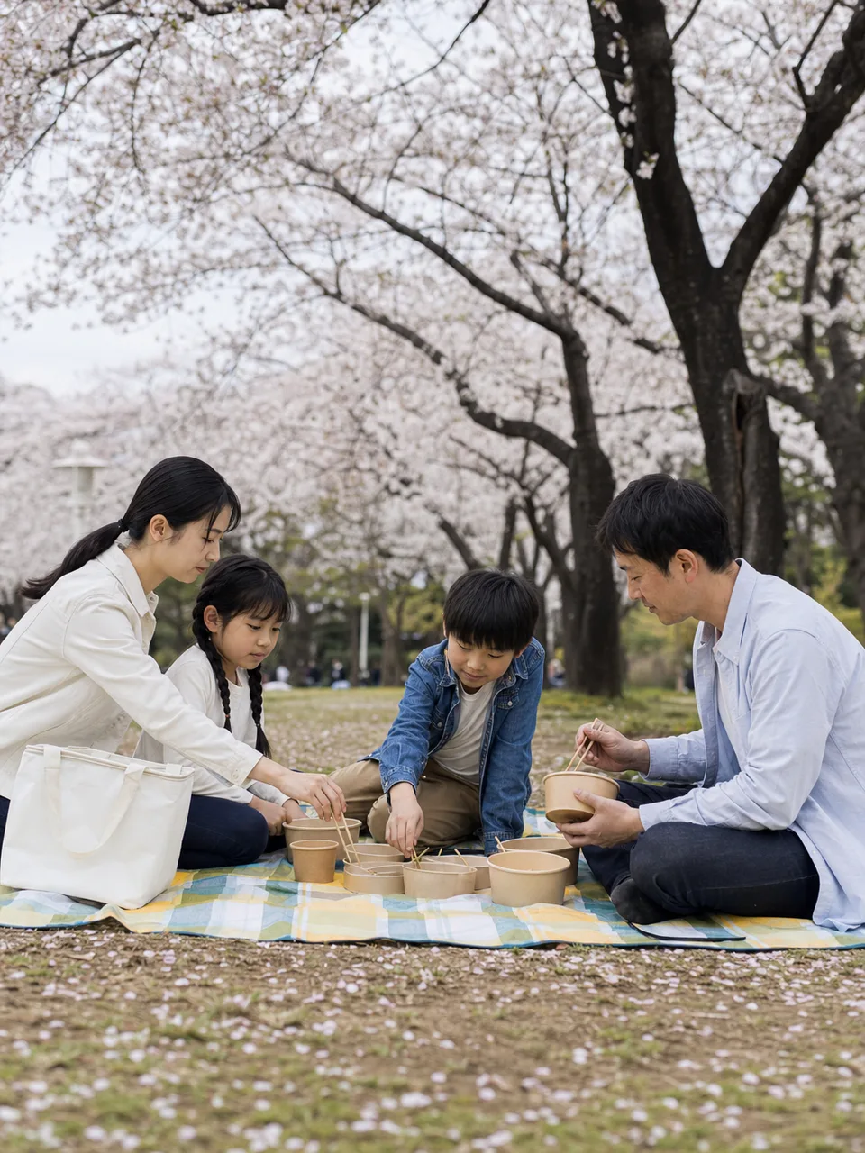 公園でお花見を楽しむ日本人（自然な縦位置写真）。お花見、桜、春、公園、季節行事の記事向け素材です。