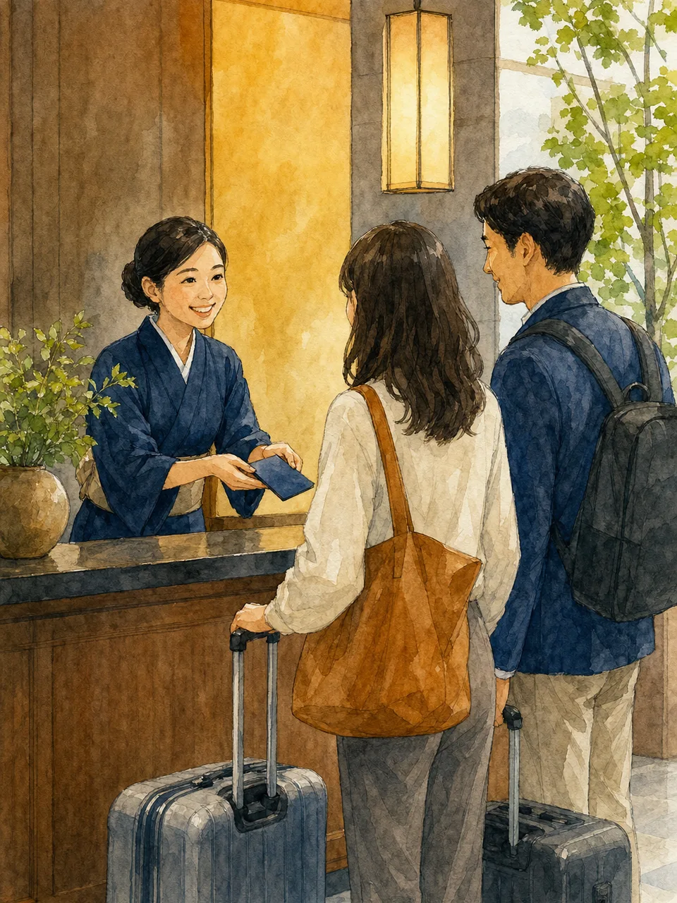 ホテルで接客する日本人スタッフ（手描き水彩）。ホテル、宿泊、観光、接客サービスの記事に使える仕事素材です。