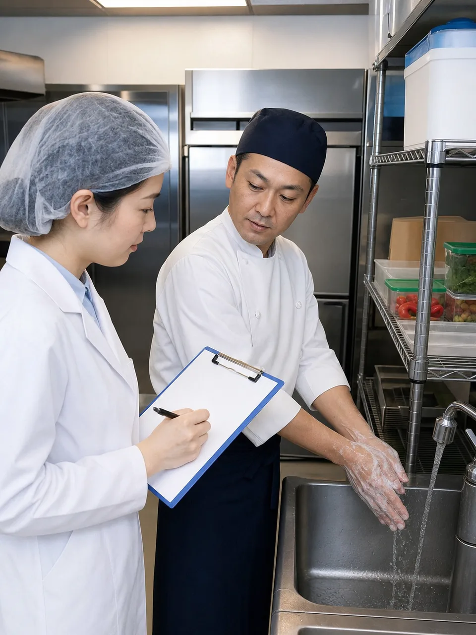 食品衛生を確認する日本人監視員（自然な縦位置写真）。食品衛生監視員、食品衛生、厨房点検、保健所の記事や案内に使える商用素材です。