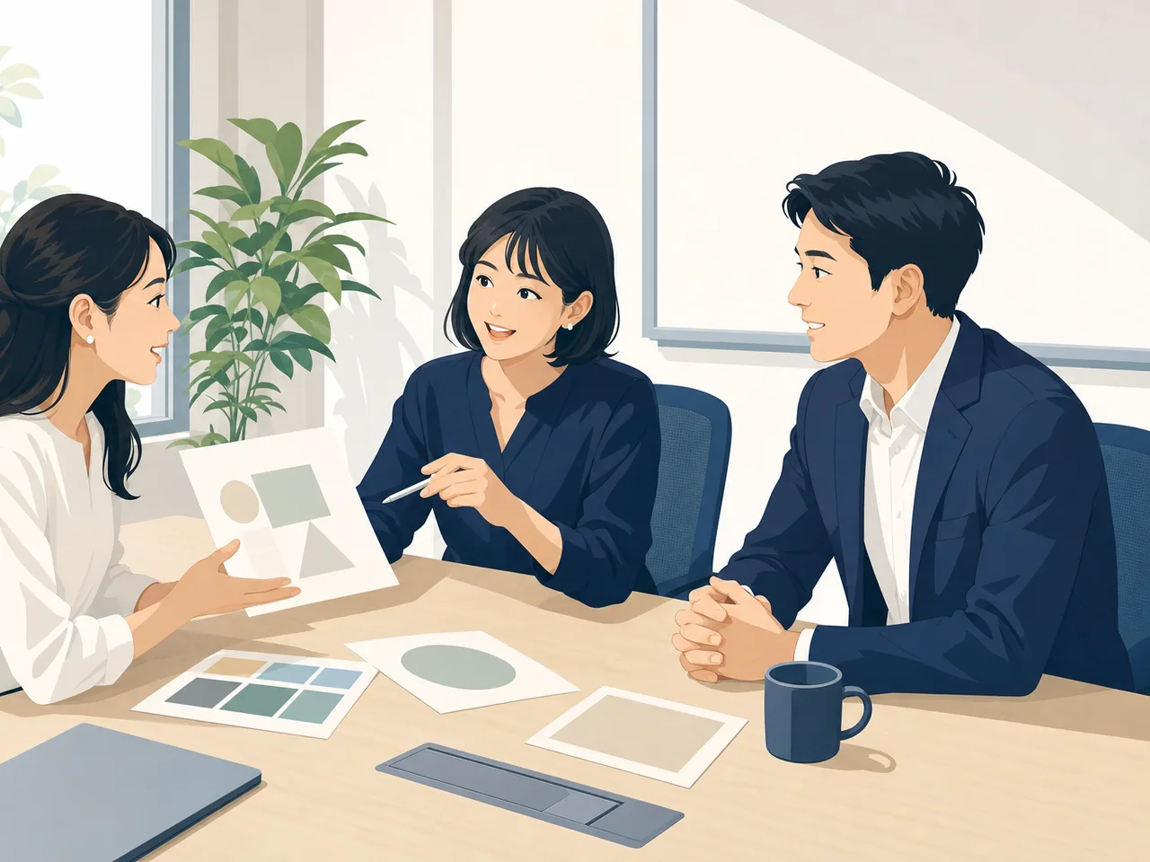 多言語で協働する日本人と海外顧客（フラットイラスト）。多言語会議、海外顧客、国際ビジネス、通訳の記事や案内に使える商用素材です。