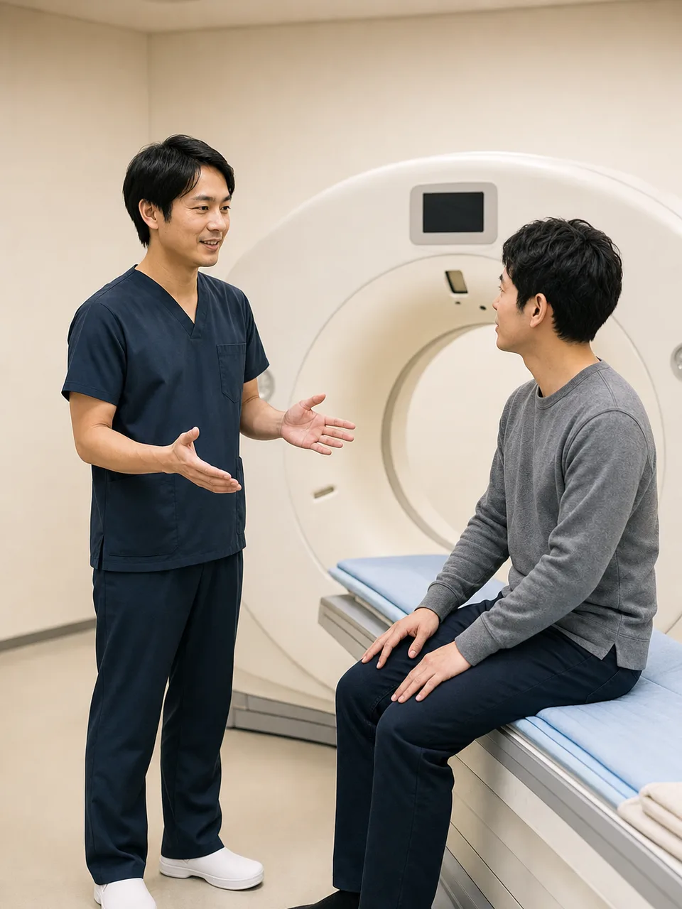 検査を説明する日本人診療放射線技師（自然な縦位置写真）。診療放射線技師、画像検査、病院、患者説明の記事向け素材です。