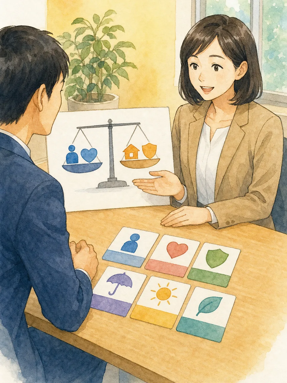 給与と福利厚生を説明する日本人担当者（手描き水彩）。給与説明、福利厚生、人事、報酬制度の記事や案内に使える商用素材です。