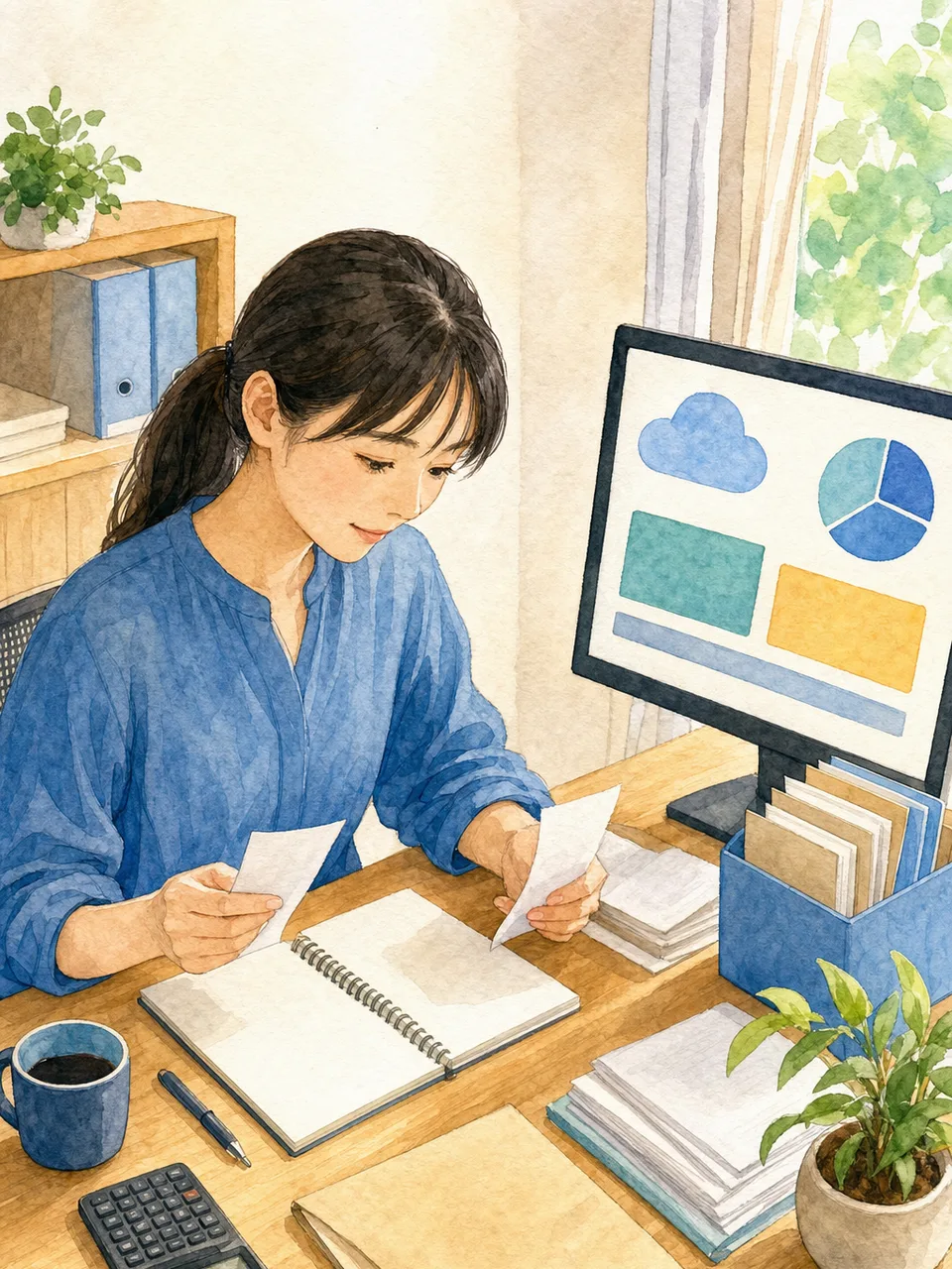 クラウド会計で記帳する日本人（手描き水彩）。クラウド会計、記帳、経理、帳簿の記事や案内に使える商用素材です。