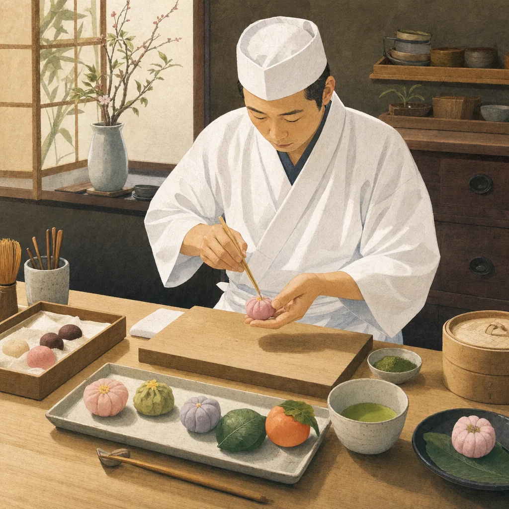 季節の和菓子を作る日本人職人（編集記事向け）。和菓子、伝統文化、食品、手仕事の記事に使える職人素材です。