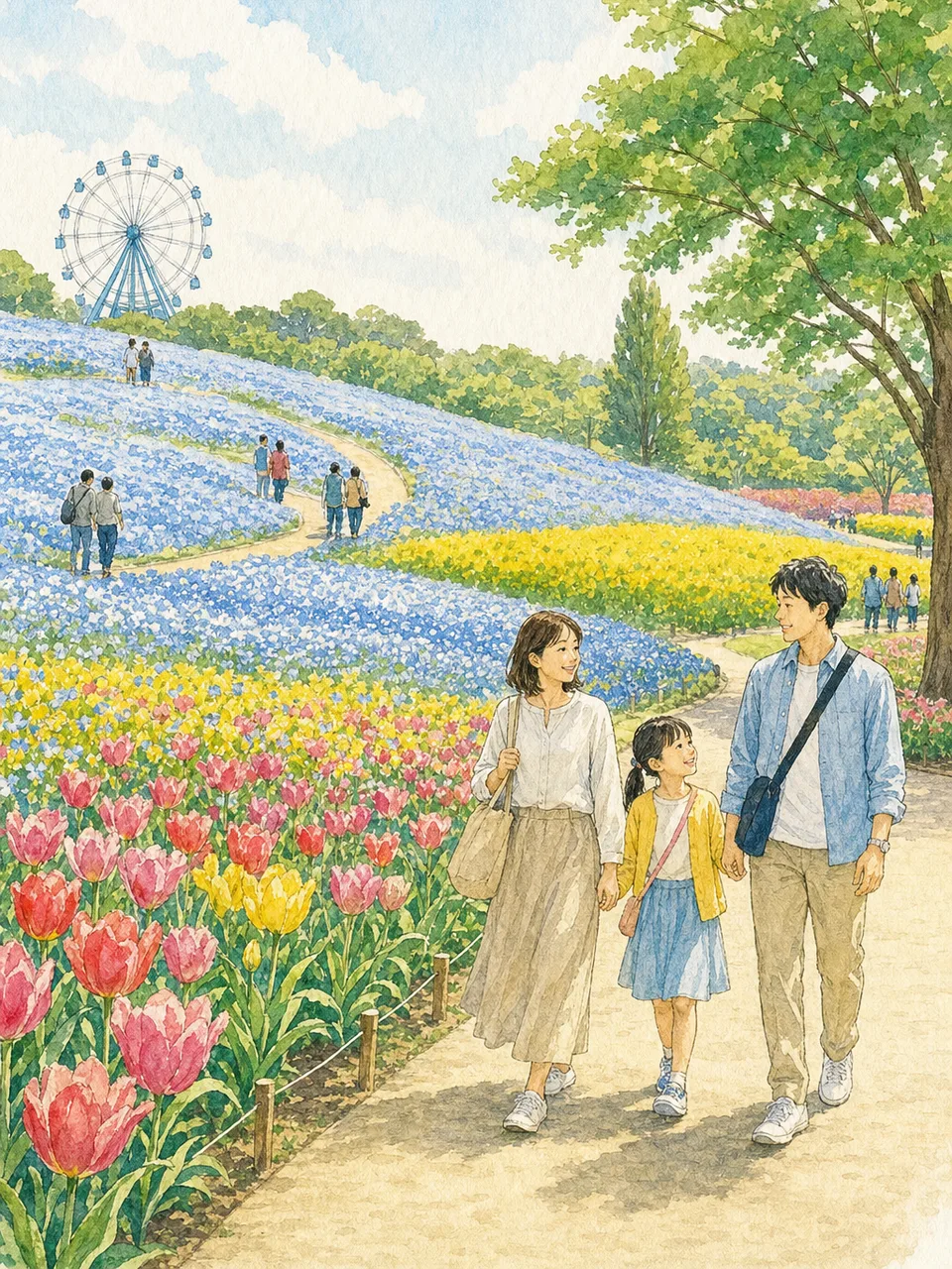 茨城の花畑を楽しむ旅行者（手描き水彩）。茨城旅行、花畑、花公園、関東旅行の記事や案内に使える商用素材です。
