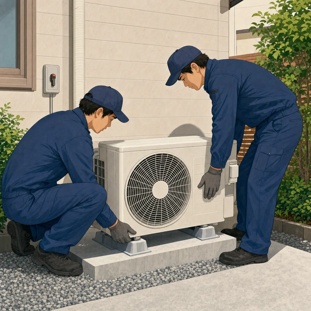 ヒートポンプを設置する日本人技術者（編集記事向け）。ヒートポンプ、省エネ設備、空調設備、住宅設備の記事や案内に使える商用素材です。