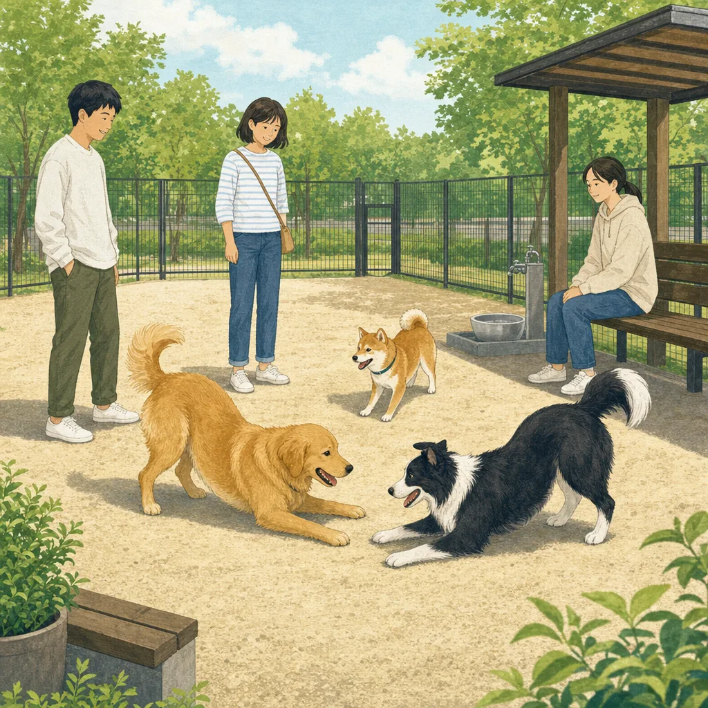 ドッグランで遊ぶ犬と日本人（編集記事向け）。ドッグラン、犬、飼い主、ペットの交流の記事向け素材です。