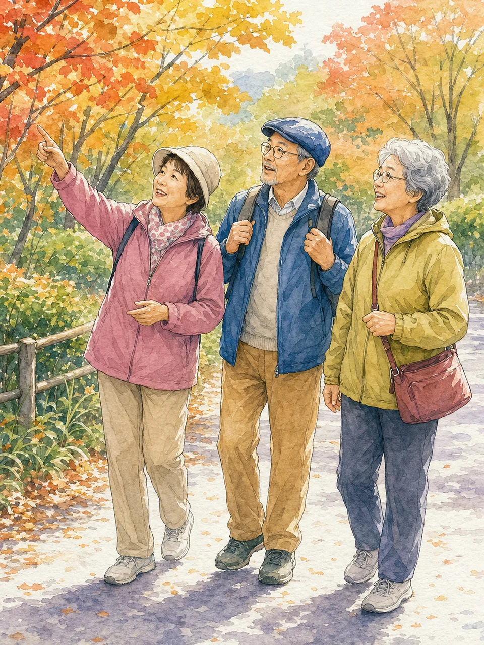 散歩を楽しむ日本人シニアの友人（手描き水彩）。シニアの友人、友情、散歩、健康的な日常の記事向け素材です。