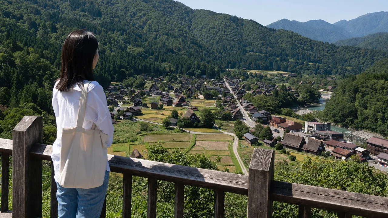 岐阜の山里を訪れる旅行者（横長・コピースペース）。岐阜旅行、山里、合掌造り、中部旅行の記事や案内に使える商用素材です。