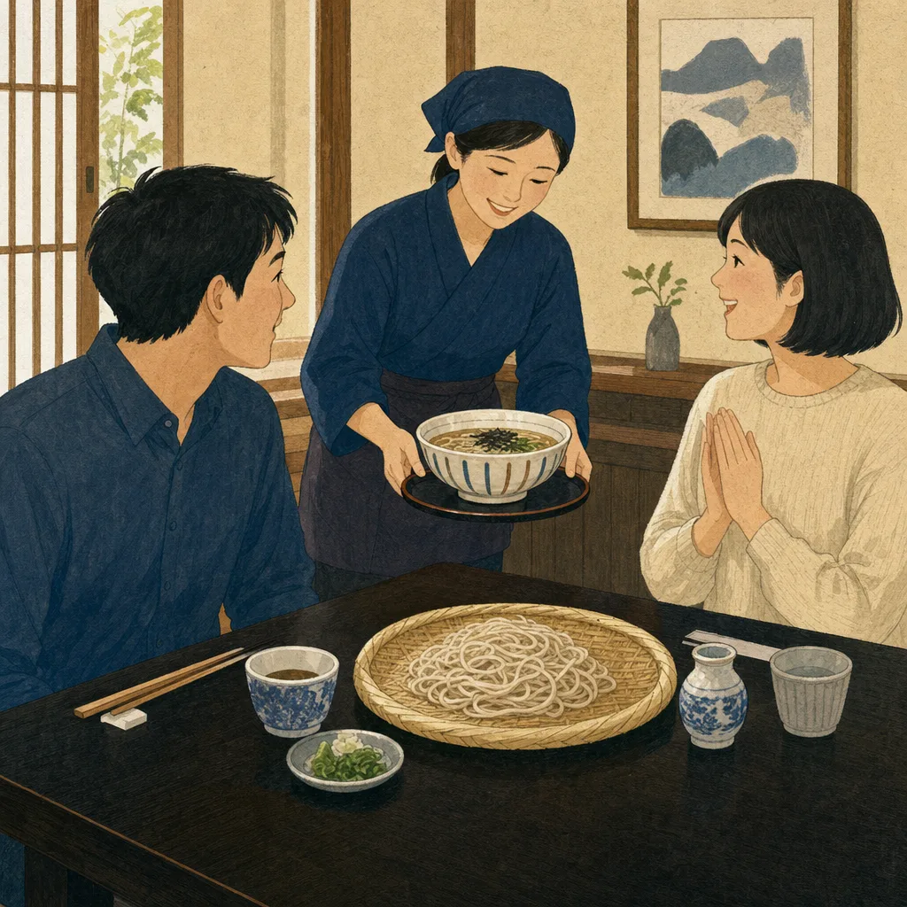そばを味わう日本人（編集記事向け）。そば、蕎麦、和食、食文化の記事に使える素材です。