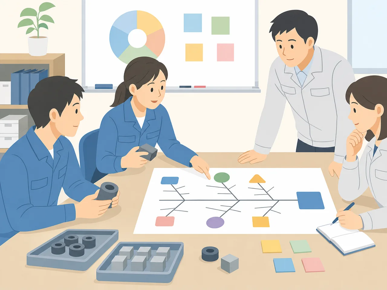 品質改善を検討する日本人チーム（フラットイラスト）。品質改善会議、原因分析、品質管理、製造業の記事や案内に使える商用素材です。