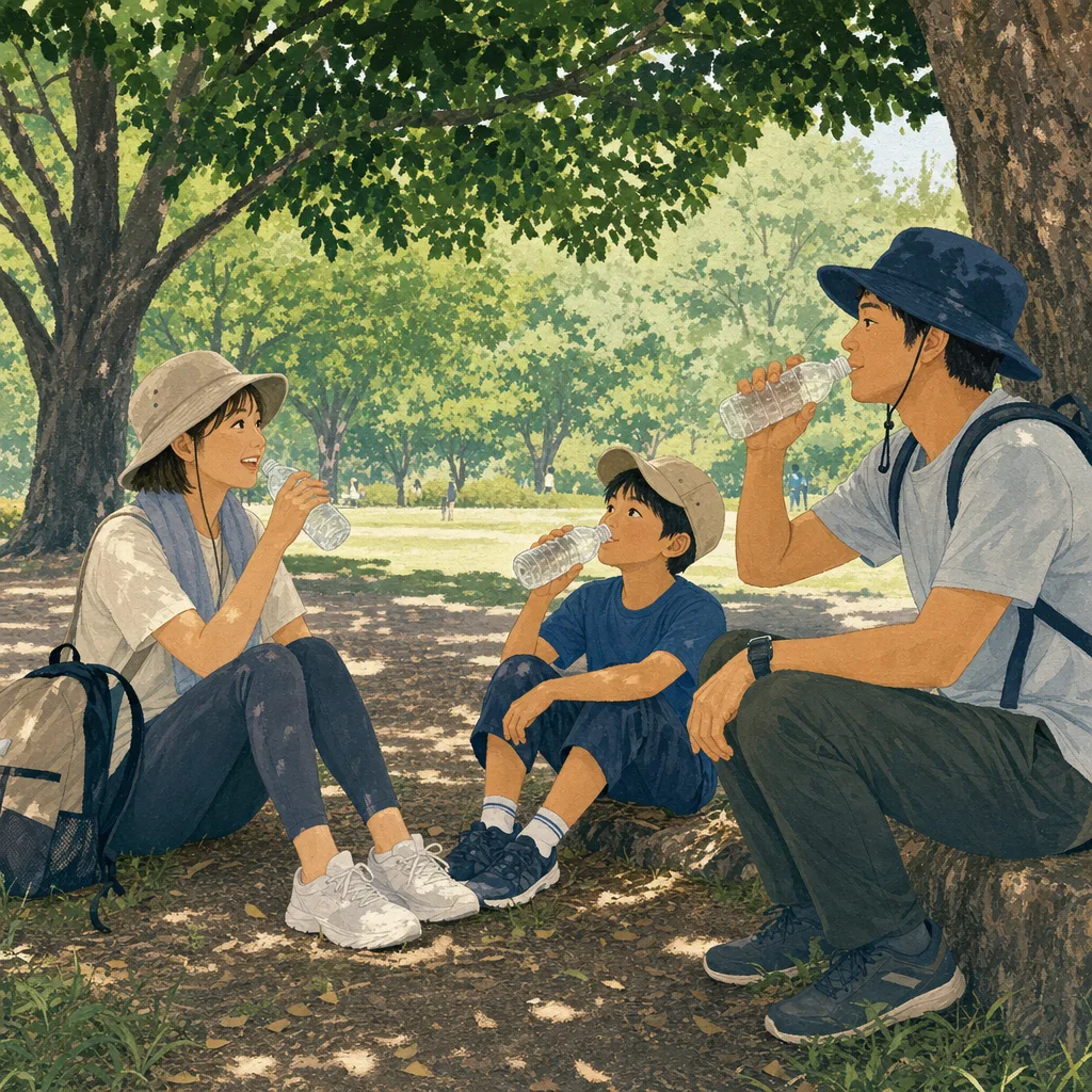 夏に水分補給をする日本人（編集記事向け）。夏の水分補給、暑さ対策、休憩、屋外活動の記事向け素材です。