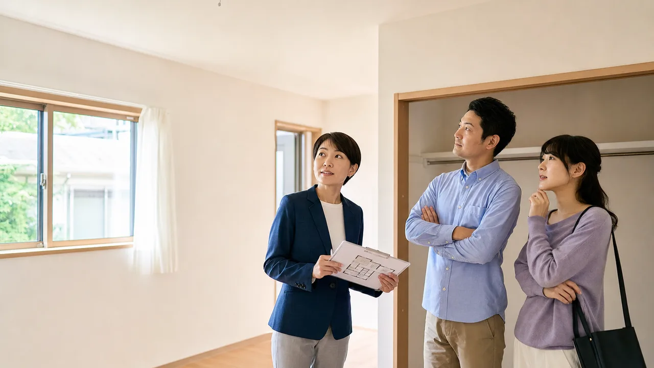 中古住宅の購入を検討する日本人（横長・コピースペース）。中古住宅購入、内見、住宅点検、不動産の記事向け素材です。