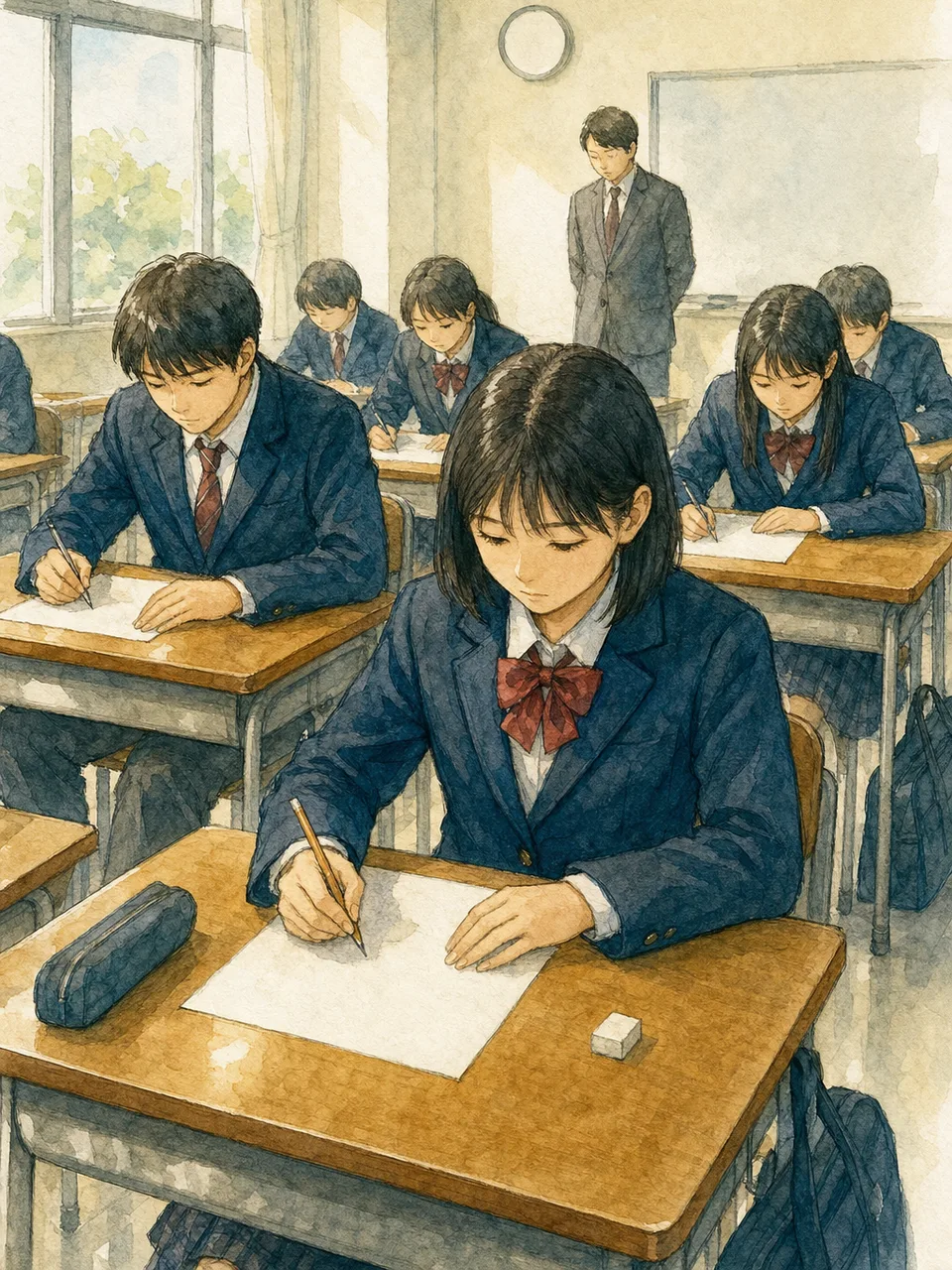 入学試験に臨む日本人学生（手描き水彩）。入学試験、受験会場、進学、教育の記事向け素材です。