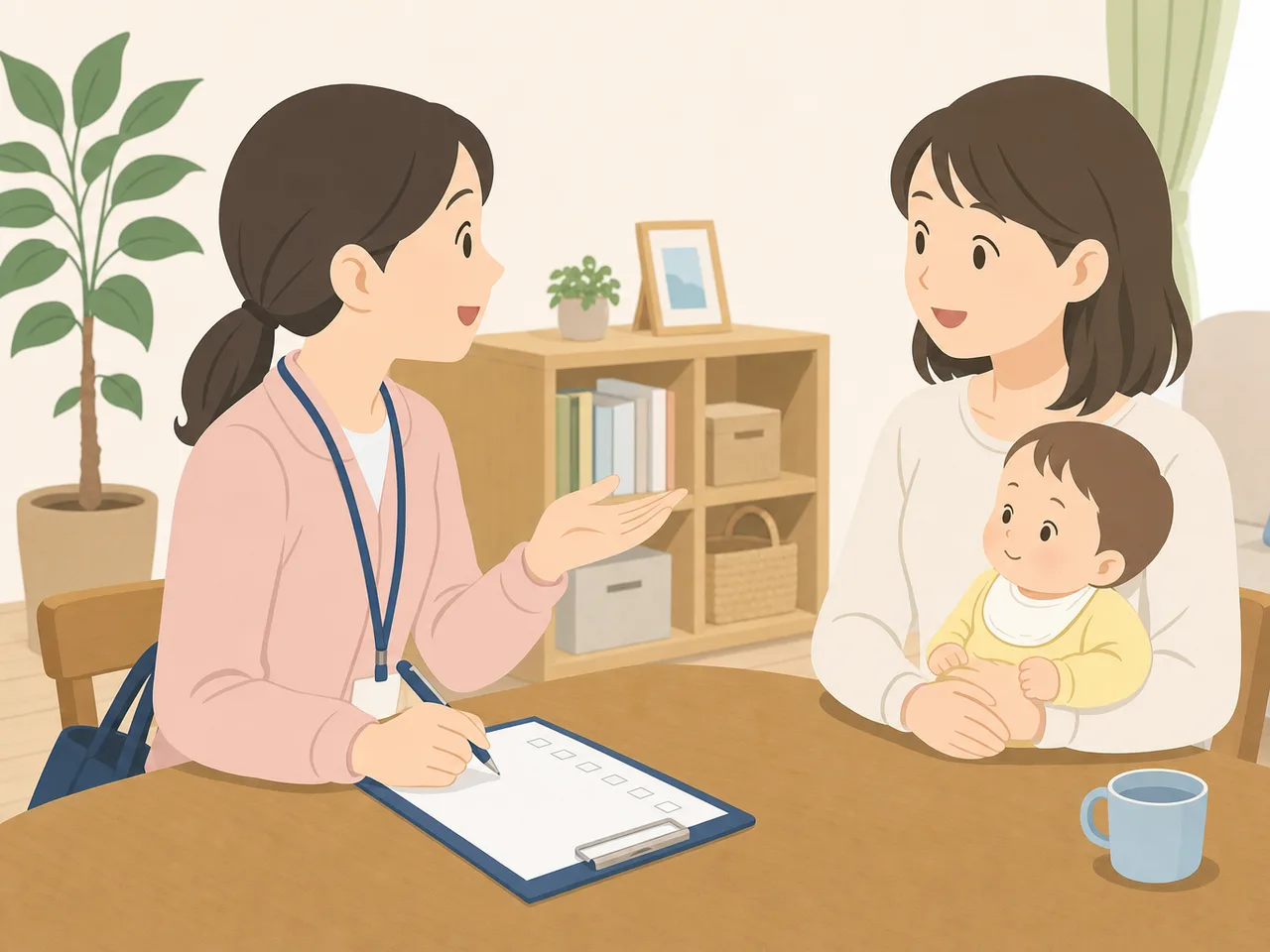 家庭訪問で相談を受ける日本人保健師（フラットイラスト）。保健師、家庭訪問、健康相談、地域保健の記事向け素材です。