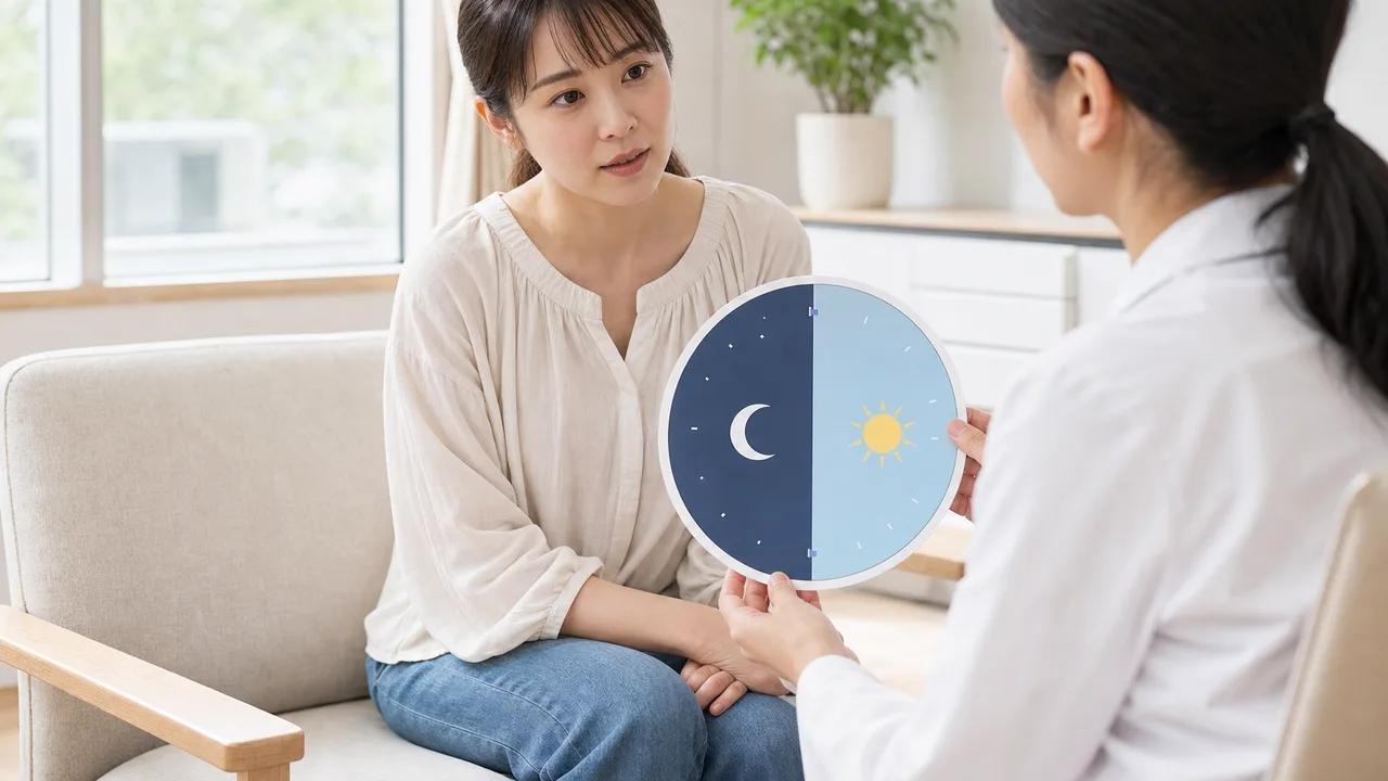 睡眠の悩みを相談する日本人（横長・コピースペース）。睡眠相談、不眠、睡眠衛生、健康相談の記事や案内に使える商用素材です。