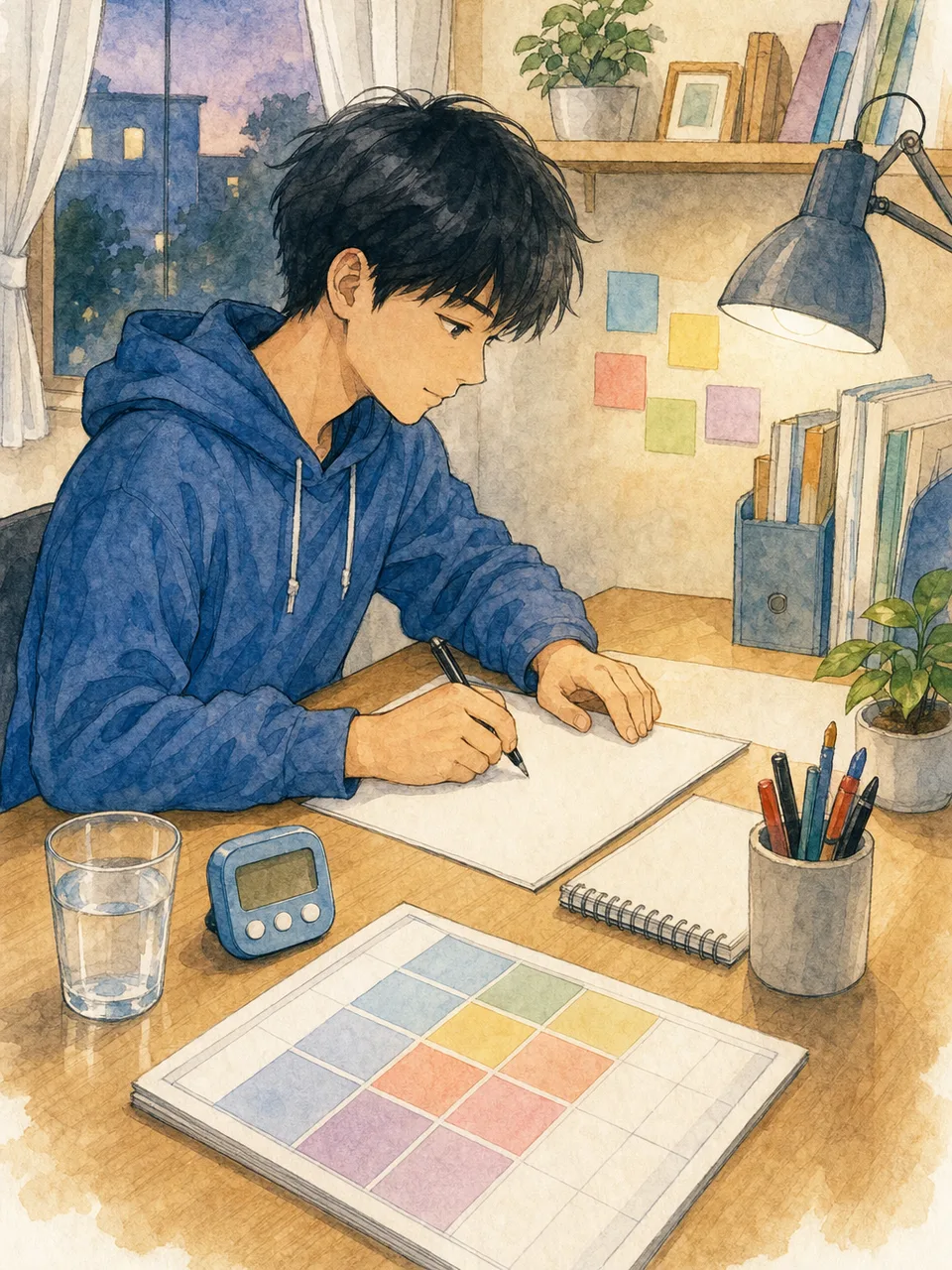 受験勉強に取り組む日本人学生（手描き水彩）。受験生、受験勉強、学習計画、進学の記事に使える素材です。