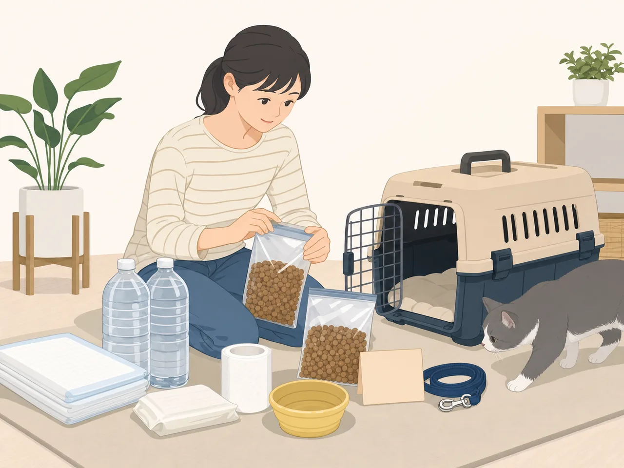 ペット防災を準備する日本人（フラットイラスト）。ペット防災、避難準備、犬猫、防災の記事向け素材です。