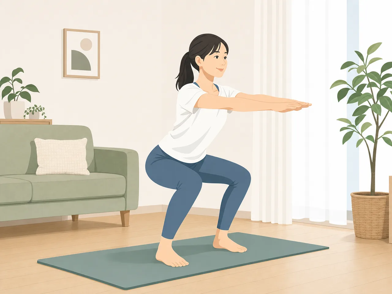 自宅で運動する日本人（フラットイラスト）。自宅トレーニング、宅トレ、運動、健康の記事や案内に使える商用素材です。