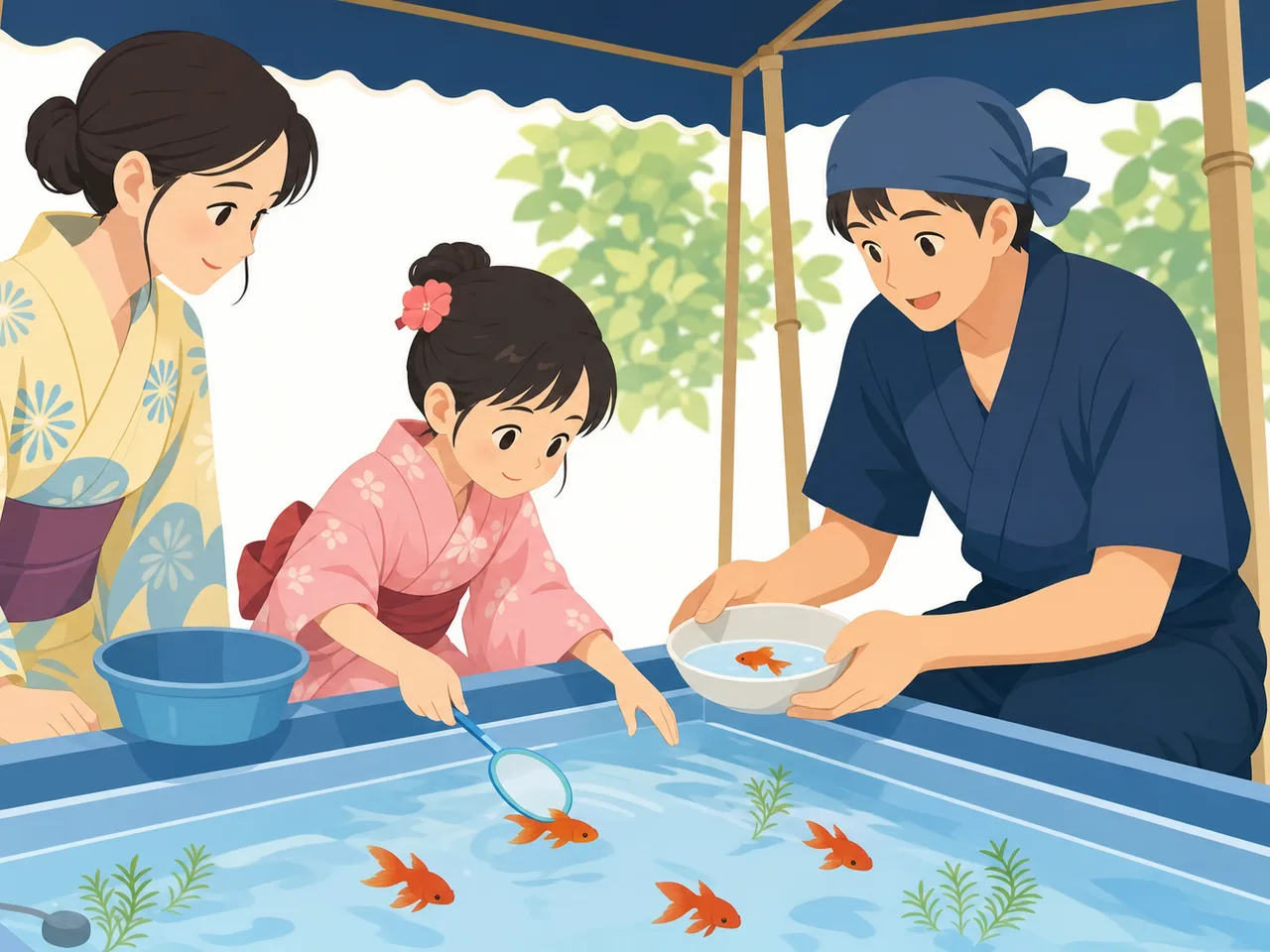 金魚すくいを楽しむ日本人親子（フラットイラスト）。金魚すくい、夏祭り、親子、縁日の記事や案内に使える商用素材です。